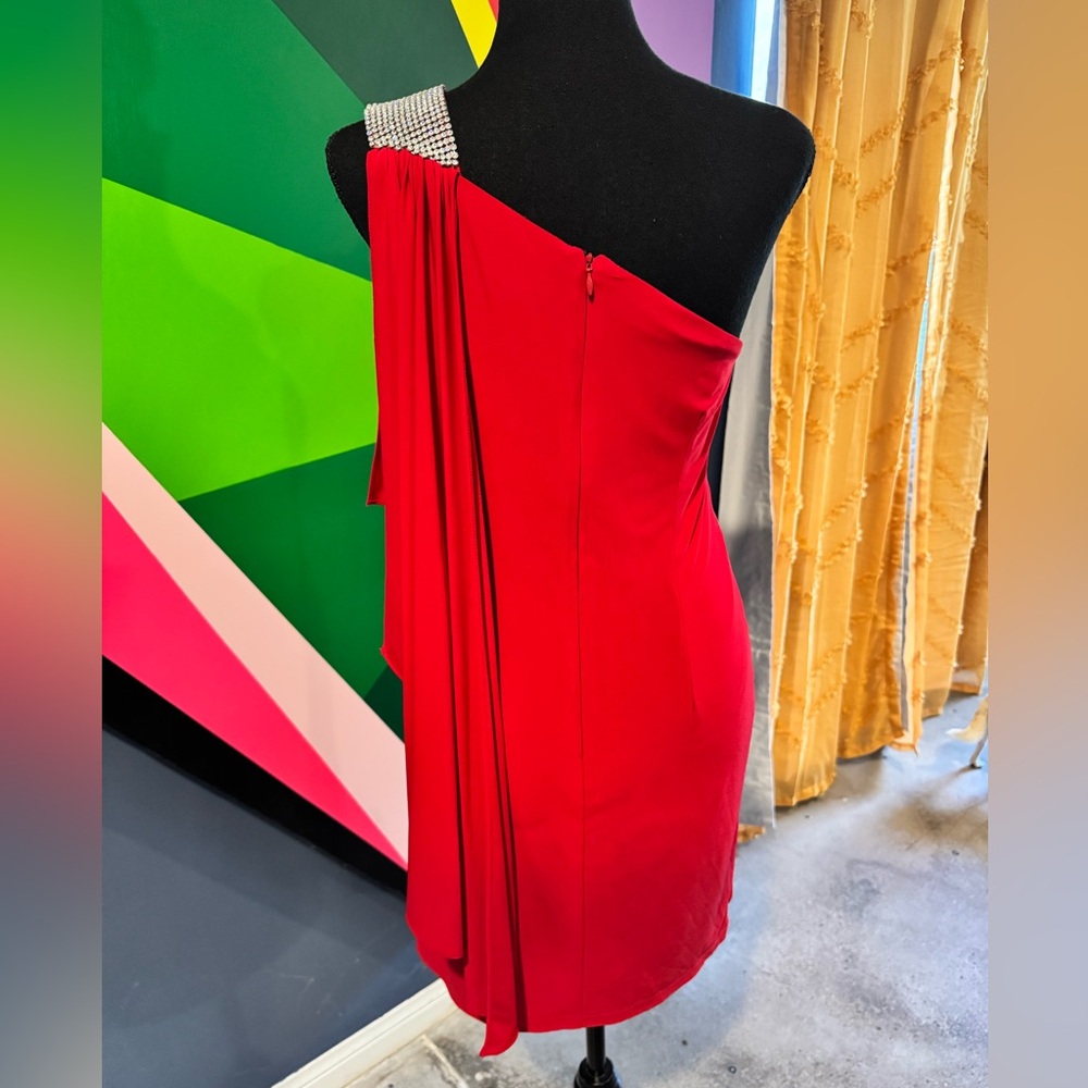 Y2K Cache Red One-Shoulder Asymmetric Draped Mini Dress with Rhinestone Shoulder - Picture 2 of 6